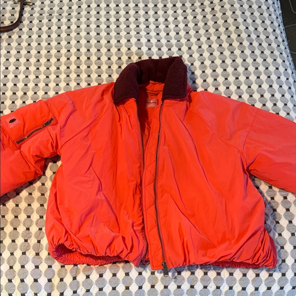 Free People Bright Red Bomber Jacket with Dark Burgundy Collar